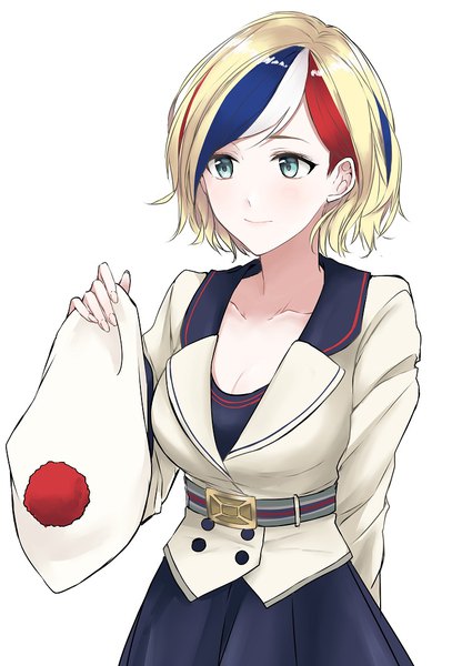 Anime picture 753x1063 with kantai collection commandant teste (kantai collection) morinaga (harumori) single tall image short hair blue eyes blonde hair simple background white background looking away cleavage upper body multicolored hair light smile streaked hair alternate hairstyle hat removed headwear removed alternate hair length