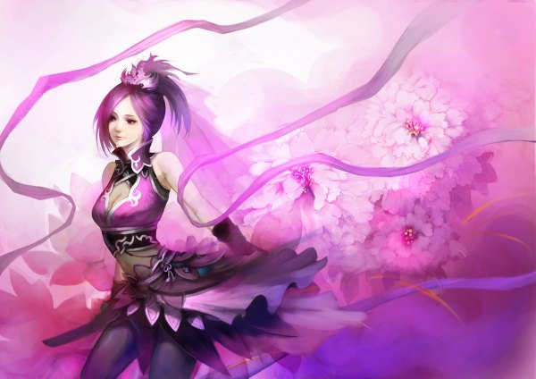 Anime picture 1200x848 with original youshun (naturaljuice) single short hair purple eyes bare shoulders purple hair girl skirt flower (flowers) ribbon (ribbons)