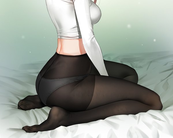 Anime picture 1000x800 with original yd (orange maru) single breasts light erotic simple background large breasts sitting bent knee (knees) ass long sleeves bare belly no shoes gradient background wariza soles arched back head out of frame between legs cropped