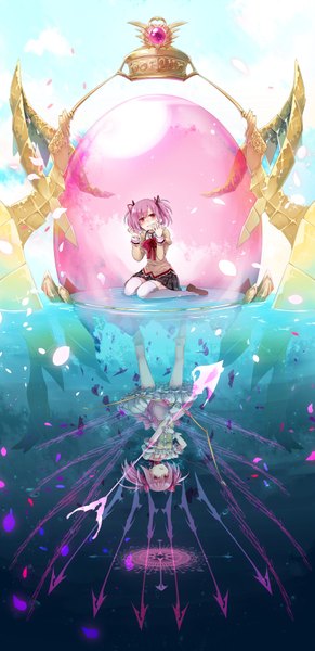 Anime picture 896x1844 with mahou shoujo madoka magica shaft (studio) kaname madoka kriemhild gretchen kaida michi tall image looking at viewer blush short hair red eyes sitting purple eyes twintails holding pink hair sky pleated skirt puffy sleeves grin wariza