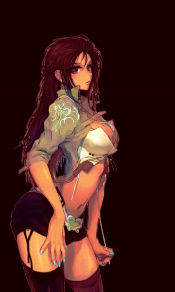 Anime picture 619x1032 with original su (noonrema) long hair tall image looking at viewer breasts light erotic brown hair brown eyes nail polish bare belly striped brown background girl thighhighs navel black thighhighs jacket belt