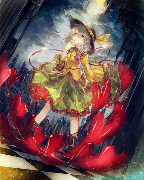 Anime picture 800x1000 with touhou komeiji koishi vima single long hair tall image looking at viewer green eyes sky silver hair cloud (clouds) rain checkered floor girl skirt hat boots heart blouse hat ribbon