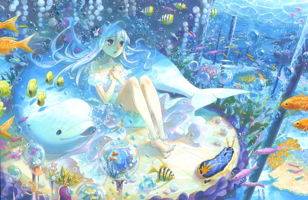 Anime picture 2309x1500 with original fuumi (radial engine) long hair highres sitting purple eyes bare shoulders blue hair nail polish no shoes underwater girl dress hair ornament earrings bracelet white dress ring bubble (bubbles) fish (fishes)