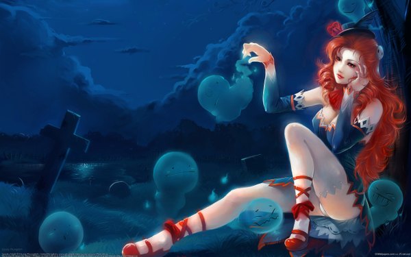 Anime picture 2560x1600 with phungdinhdung single long hair highres red eyes wide image sitting red hair nail polish lips night halloween ghost girl hat detached sleeves cross
