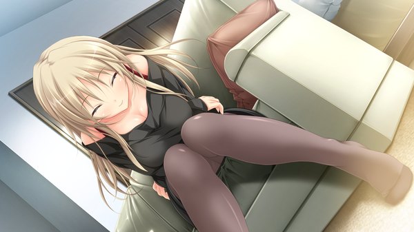 Anime picture 1280x720 with hapymaher purple software yayoi b lutwidge koku single long hair blonde hair smile wide image game cg eyes closed girl pantyhose couch
