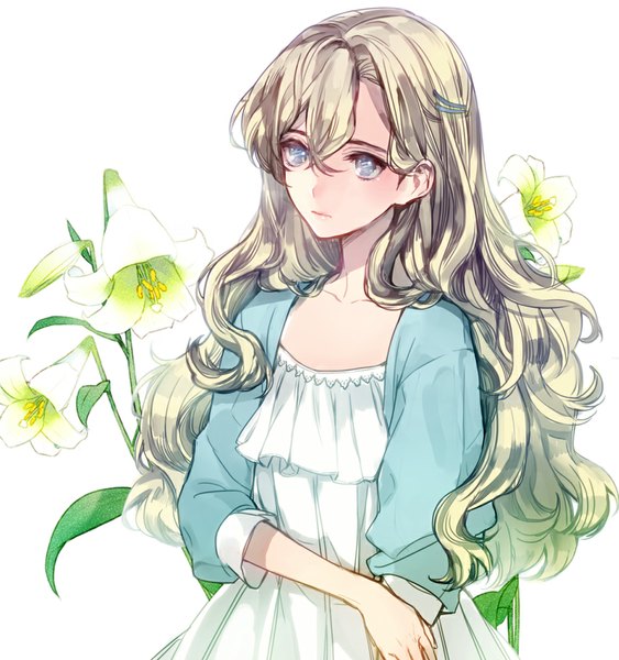 Anime picture 946x1009 with original tyuh (pixiv) single long hair tall image blush blue eyes simple background blonde hair white background looking away wavy hair floral background girl dress hair ornament flower (flowers) hairclip lily (flower)
