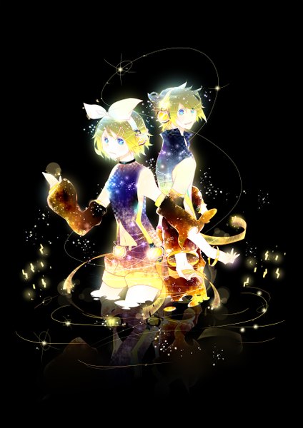 Anime picture 1753x2480 with vocaloid vocaloid append kagamine rin kagamine len kagamine rin (append) kagamine len (append) omutatsu tall image highres short hair blue eyes simple background blonde hair bare shoulders black background reflection twins back to back girl boy