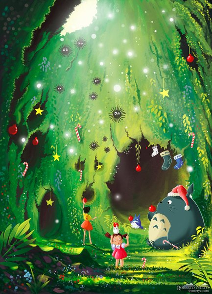 Anime picture 1000x1384 with tonari no totoro studio ghibli totoro chibi totoro kusakabe mei kusakabe satsuki syntetyc tall image blush fringe black hair brown hair standing sitting twintails multiple girls sunlight back christmas girl