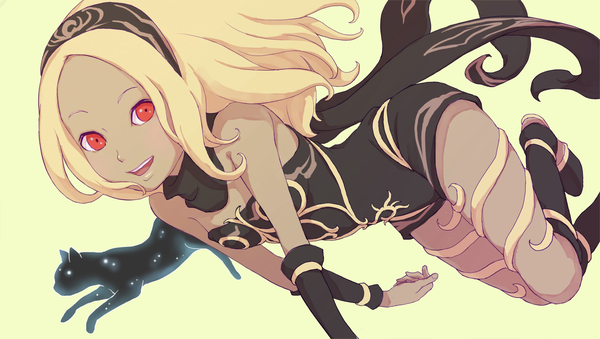 Anime picture 3154x1787 with gravity daze kat (gravity daze) dusty (gravity daze) single long hair looking at viewer highres open mouth simple background blonde hair red eyes wide image bare shoulders bent knee (knees) girl animal hairband scarf cat