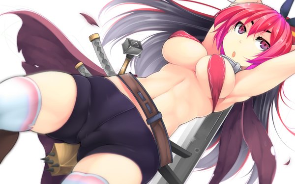 Anime picture 1440x900 with original shachi kamaboko single long hair breasts light erotic purple eyes looking away pink hair multicolored hair grey hair arms up two-tone hair bare belly armpit (armpits) girl thighhighs ribbon (ribbons) weapon hair ribbon