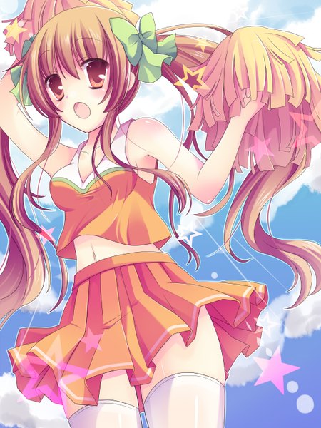 Anime picture 2100x2800 with original ringonotane (muku) single long hair tall image highres open mouth red eyes brown hair twintails sky cloud (clouds) cheerleader girl bow hair bow