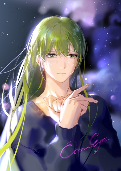 Anime picture 2480x3508 with fate (series) fate/strange fake enkidu (fate) rrr (reason) single long hair tall image fringe highres hair between eyes green eyes looking away upper body green hair inscription portrait androgynous boy