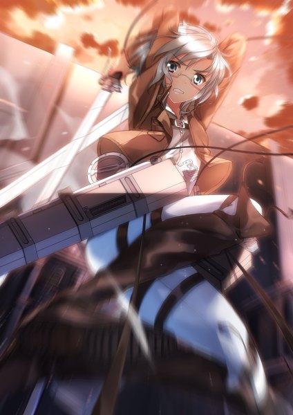 Anime picture 1018x1440 with shingeki no kyojin production i.g rico brzenska swordsouls single tall image looking at viewer short hair holding sky cloud (clouds) grey hair blurry arms up grey eyes dual wielding clenched teeth crossed swords girl weapon
