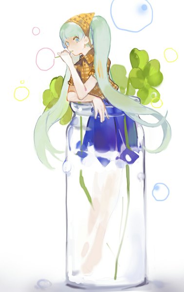 Anime picture 631x1000 with vocaloid hatsune miku noir (ibaraki) single long hair tall image looking at viewer fringe simple background white background twintails barefoot aqua eyes aqua hair short sleeves girl skirt shirt bubble (bubbles) headscarf