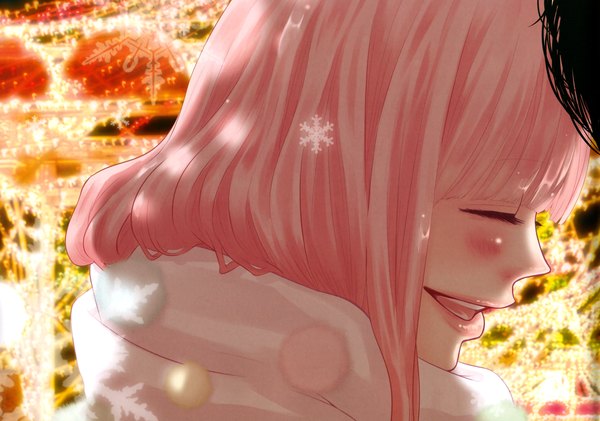 Anime picture 3461x2430 with vocaloid just be friends (vocaloid) megurine luka single long hair highres open mouth pink hair absurdres eyes closed profile happy girl scarf snowflake (snowflakes)