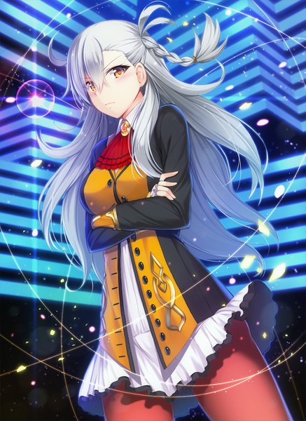 Anime picture 947x1300 with fate (series) fate/grand order olga marie animusphere benitsuki tsubasa single long hair tall image looking at viewer blush fringe hair between eyes standing holding yellow eyes silver hair braid (braids) from above wind side braid crossed arms