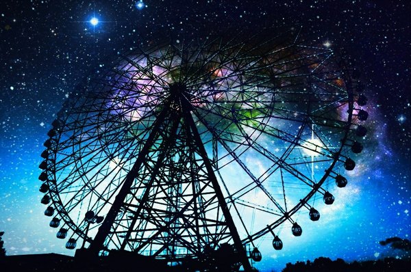 Anime picture 1024x680 with original usamochi. sky night night sky no people multicolored star (stars) ferris wheel