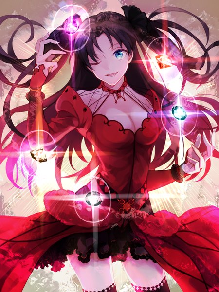 Anime picture 750x1000 with fate (series) fate/stay night type-moon toosaka rin formalcraft wowishi single long hair tall image looking at viewer fringe breasts blue eyes smile large breasts twintails bare shoulders cleavage one eye closed arm up