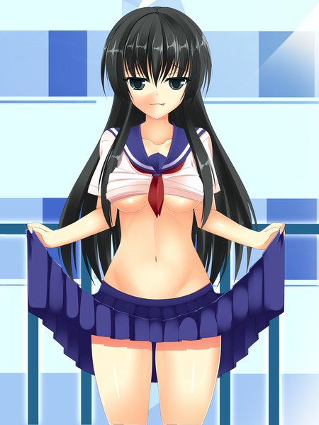 Anime picture 3000x4000 with original inui kentarou single long hair tall image looking at viewer highres light erotic black hair smile black eyes skirt lift girl navel uniform serafuku