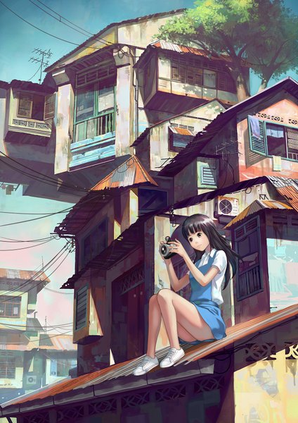 Anime picture 1240x1754 with original feigiap single long hair tall image black hair sitting sky black eyes city girl plant (plants) tree (trees) sundress wire (wires) camera