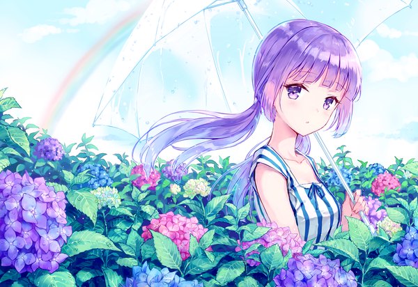 Anime picture 1163x800 with aikatsu! hikami sumire hiten (hitenkei) single long hair looking at viewer blush fringe twintails purple eyes holding payot sky purple hair cloud (clouds) upper body blunt bangs parted lips :o wet