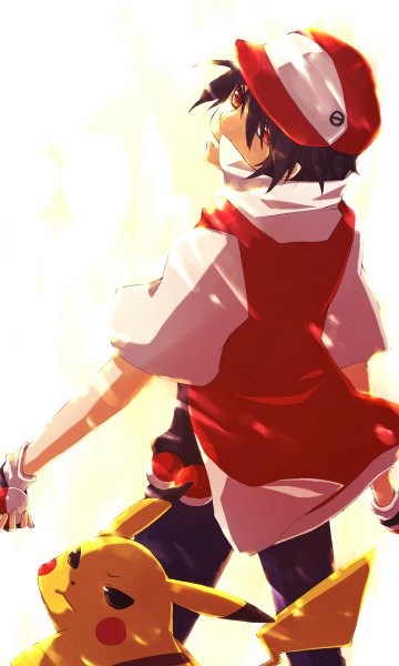 Anime picture 720x1200 with pokemon nintendo pikachu red (pokemon) mukkun tall image looking at viewer short hair black hair simple background red eyes white background looking back from behind gen 1 pokemon boy gloves animal fingerless gloves flat cap