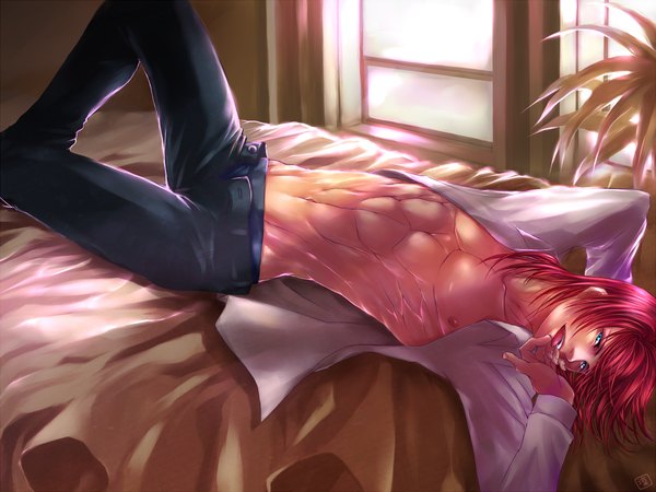 Anime picture 1500x1125 with original rin-shiba single long hair open mouth light erotic red hair lying aqua eyes open clothes open shirt muscle licking open pants boy window tongue bed pants