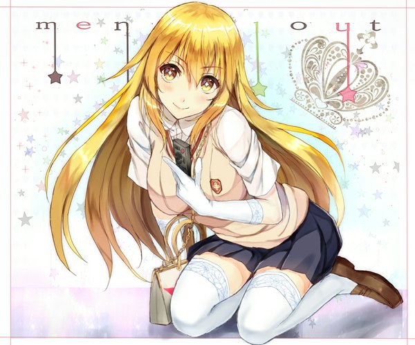 Anime picture 1051x874 with to aru kagaku no railgun j.c. staff shokuhou misaki sakamuke single long hair looking at viewer blush blonde hair yellow eyes kneeling + + girl thighhighs skirt gloves miniskirt shirt white thighhighs white gloves