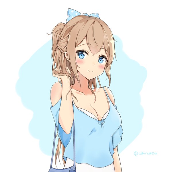 Anime picture 900x900 with original adore (adoredesu) single long hair looking at viewer blush fringe blue eyes simple background smile hair between eyes brown hair signed cleavage upper body ponytail polka dot holding hair girl dress