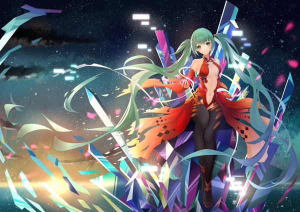 Anime picture 1400x990 with vocaloid hatsune miku catcan single looking at viewer breasts light erotic twintails sky cloud (clouds) very long hair aqua eyes aqua hair evening sunset cosplay yuzuriha inori (cosplay) girl dress navel