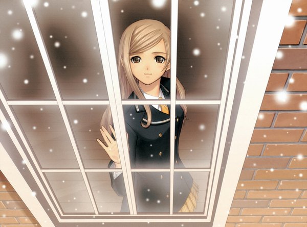 Anime picture 2006x1491 with shining (series) shining tears tony taka single long hair highres blonde hair brown eyes light smile snowing winter girl uniform school uniform necktie window