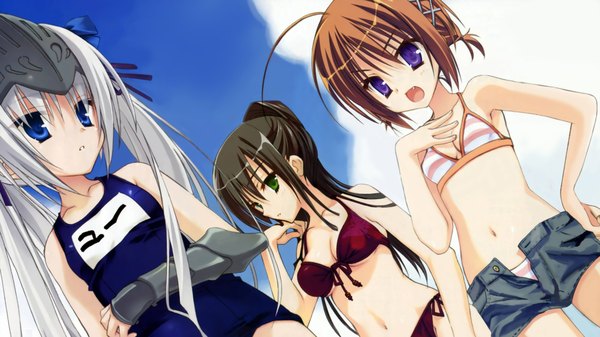 Anime picture 1920x1080 with kore wa zombie desu ka? studio deen eucliwood hellscythe haruna (zombie) seraphim (zombie) long hair highres breasts open mouth blue eyes light erotic black hair brown hair wide image purple eyes multiple girls green eyes white hair girl swimsuit