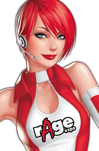 Anime picture 630x956 with tagme (copyright) warrenlouw single tall image looking at viewer short hair blue eyes red hair light smile lips mole mole under eye freckles girl headphones