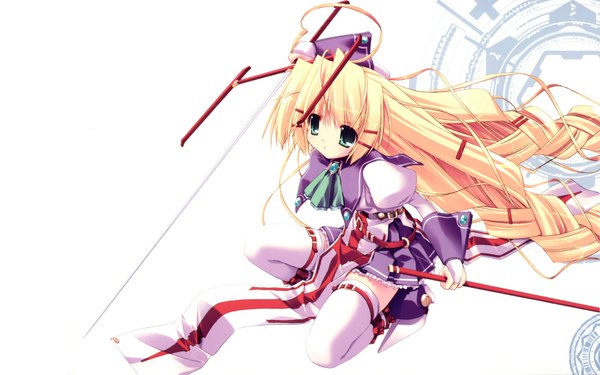 Anime picture 1680x1050 with prism ark priecia ohno tetsuya single fringe simple background blonde hair wide image white background green eyes ahoge braid (braids) very long hair from above wallpaper puffy sleeves twin braids squat girl thighhighs