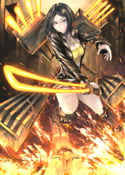 Anime picture 857x1200 with original kanjou jouki (aldarsign) single tall image looking at viewer short hair breasts blue eyes black hair smile holding bent knee (knees) pleated skirt open clothes open jacket smirk mechanical glowing weapon mechanical wings girl