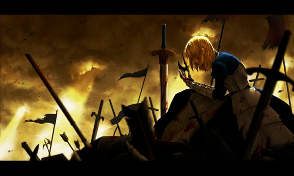 Anime picture 1147x688 with fate (series) fate/stay night studio deen type-moon artoria pendragon (all) saber single fringe short hair blonde hair wide image sky cloud (clouds) sunlight bloody clothes death torn girl dress weapon
