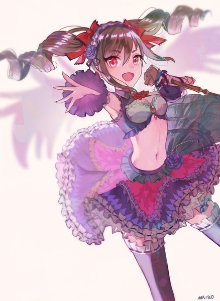Anime picture 1584x2168 with idolmaster idolmaster cinderella girls kanzaki ranko mairo (ilo) single long hair tall image fringe open mouth hair between eyes red eyes brown hair white background twintails signed payot bare belly outstretched arm drill hair dark princess of roses