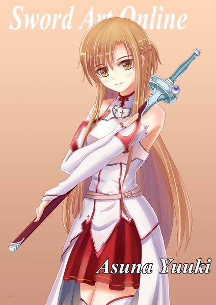 Anime picture 2480x3508 with sword art online a-1 pictures yuuki asuna dance of eternity single long hair tall image looking at viewer blush highres brown hair bare shoulders brown eyes girl skirt weapon detached sleeves sword
