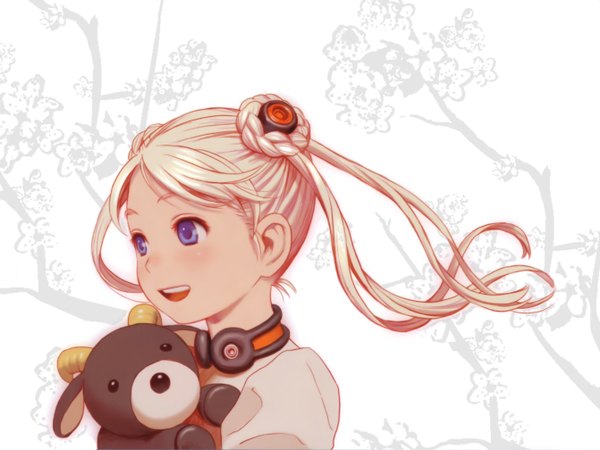 Anime picture 2683x2016 with last exile gonzo alvis hamilton single long hair highres open mouth blue eyes blonde hair smile twintails loli girl hair ornament toy stuffed animal