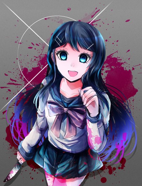 Anime picture 1450x1900 with dangan ronpa maizono sayaka revanche7th (artist) long hair tall image looking at viewer open mouth blue eyes blue hair girl skirt uniform school uniform blood knife