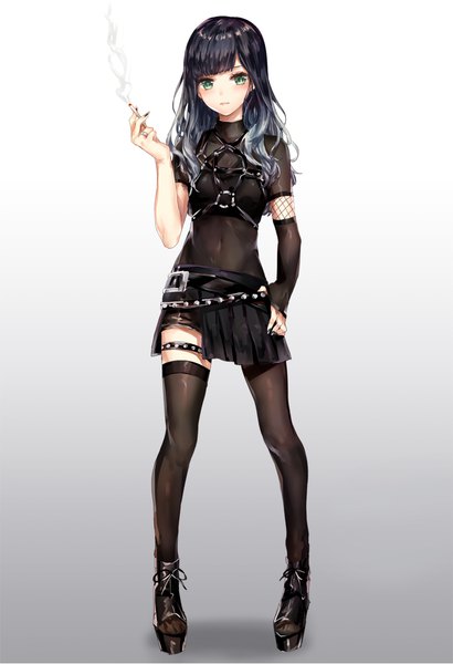 Anime picture 730x1069 with original yuli (yulipo) single long hair tall image looking at viewer blush fringe black hair simple background standing green eyes full body blunt bangs nail polish pleated skirt multicolored hair hand on hip gradient background gradient hair