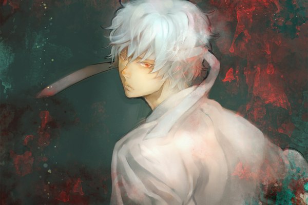 Anime picture 1500x1000 with gintama sunrise (studio) sakata gintoki shiroyasha honami (artist) single short hair red eyes white hair japanese clothes looking back from behind wallpaper boy hachimaki