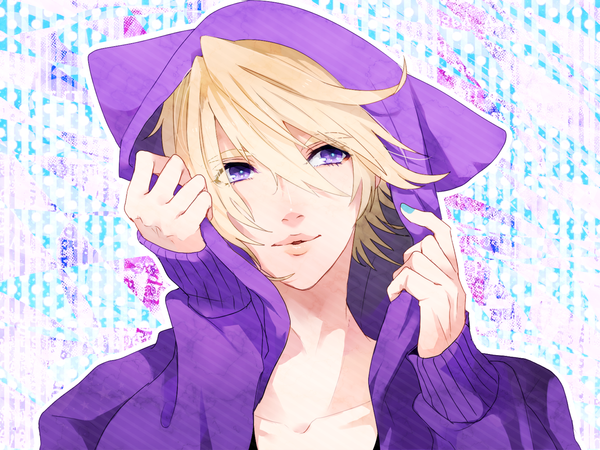 Anime picture 1333x1000 with tiger & bunny sunrise (studio) ivan karelin yon (artist) single fringe short hair blonde hair hair between eyes purple eyes nail polish parted lips adjusting hood boy hood