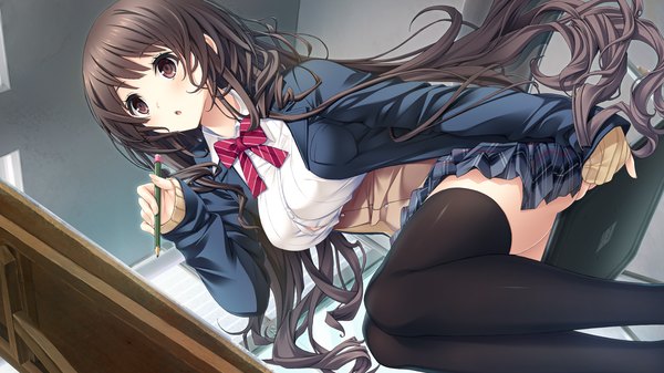 Anime picture 1280x720 with kiss ato hoshimi tsukuyo mikoto akemi single long hair blush breasts brown hair wide image large breasts sitting brown eyes looking away game cg pleated skirt :o zettai ryouiki legs girl thighhighs
