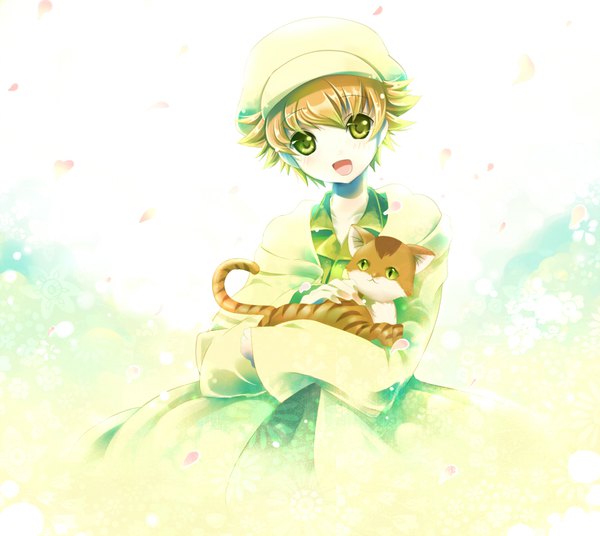 Anime picture 900x805 with clannad key (studio) shima katsuki kokuro single looking at viewer fringe short hair open mouth blonde hair hair between eyes green eyes upper body spiked hair boy hat animal petals cat cabbie hat