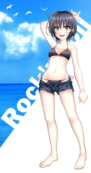 Anime picture 1392x2630 with original oshou (artist) single tall image blush short hair open mouth light erotic black hair bare shoulders brown eyes girl navel swimsuit bikini shorts black bikini