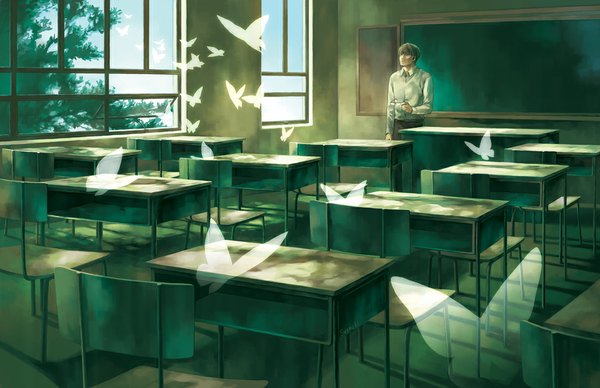 Anime picture 1100x712 with original mou-s single short hair brown hair teacher boy shirt glasses window insect butterfly desk room blackboard school