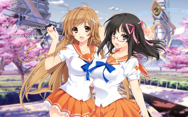 Anime picture 2560x1600 with mirai millenium suenaga mirai hoshikawa kanata iizuki tasuku long hair highres open mouth black hair brown hair wide image multiple girls brown eyes green eyes braid (braids) twin braids cherry blossoms girl uniform ribbon (ribbons) 2 girls