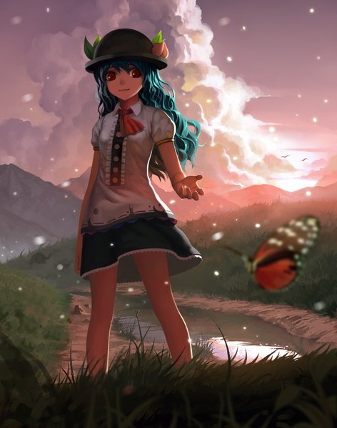 Anime picture 2453x3119 with touhou hinanawi tenshi lu ying long hair tall image highres red eyes sky cloud (clouds) aqua hair outstretched arm landscape river girl skirt plant (plants) hat insect butterfly grass