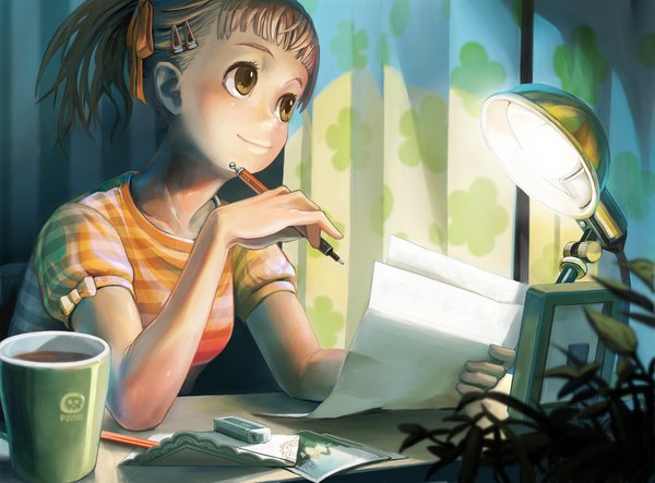 Anime picture 2000x1477 with original kousaku single highres short hair smile brown hair brown eyes girl hair ornament plant (plants) hairclip cup paper lamp pen